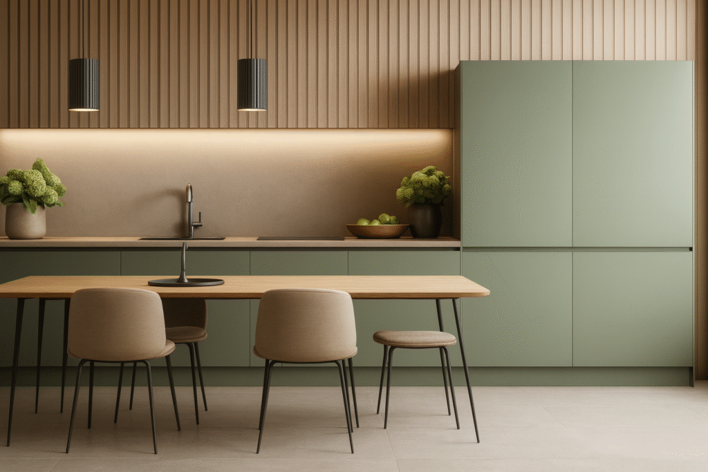 Moderne Küche im Küchentrend 2025 mit natürlichen Materialien und zeitlosen Farben